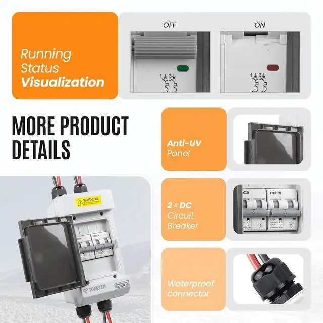 Alt view image 3 of 7 - Solar Panels Disconnect Switch 60A 1000VDC PV Shut Off Switch 2 String Circuit Breaker Box IP66 Waterproof UV-Proof