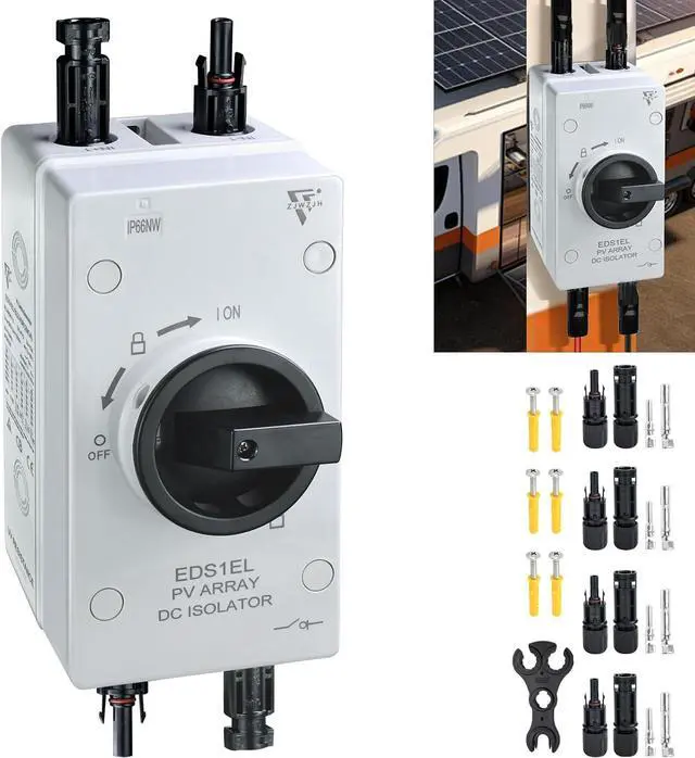 Main image of PV2 Solar Disconnect Switch 4-Pole DC 1500V 32A Isolator Solar Switch with Enclosure for Rooftop Solar Systems, RVs and Boat Waterproof IP66 Black with MC4