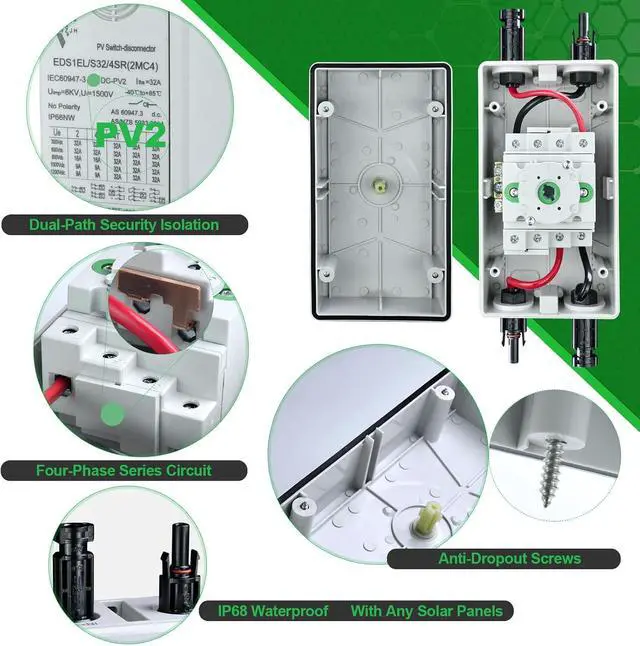 Alt view image 4 of 7 - PV2 Solar Disconnect Switch 4-Pole DC 1500V 32A Isolator Solar Switch with Enclosure for Rooftop Solar Systems, RVs and Boat Waterproof IP66 Black with MC4