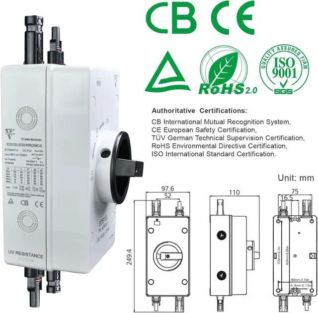 Alt view image 7 of 7 - PV2 Solar Disconnect Switch 4-Pole DC 1500V 32A Isolator Solar Switch with Enclosure for Rooftop Solar Systems, RVs and Boat Waterproof IP66 Black with MC4