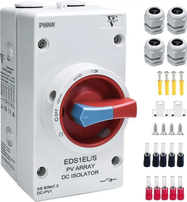 Main image of Solar Disconnect Switch 4-Pole DC 1500V 32A Isolator Solar Switch with Enclosure for Rooftop Solar Systems, RVs Waterproof IP66 Red