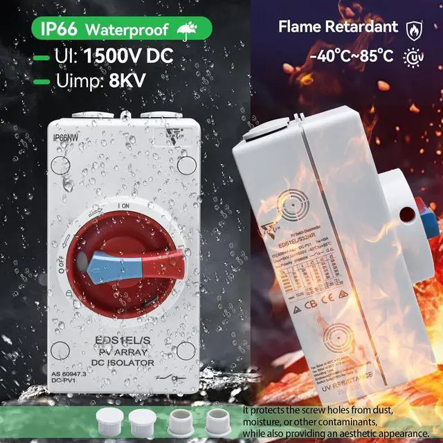 Alt view image 3 of 7 - Solar Disconnect Switch 4-Pole DC 1500V 32A Isolator Solar Switch with Enclosure for Rooftop Solar Systems, RVs Waterproof IP66 Red