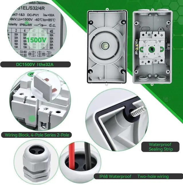 Alt view image 4 of 7 - Solar Disconnect Switch 4-Pole DC 1500V 32A Isolator Solar Switch with Enclosure for Rooftop Solar Systems, RVs Waterproof IP66 Red