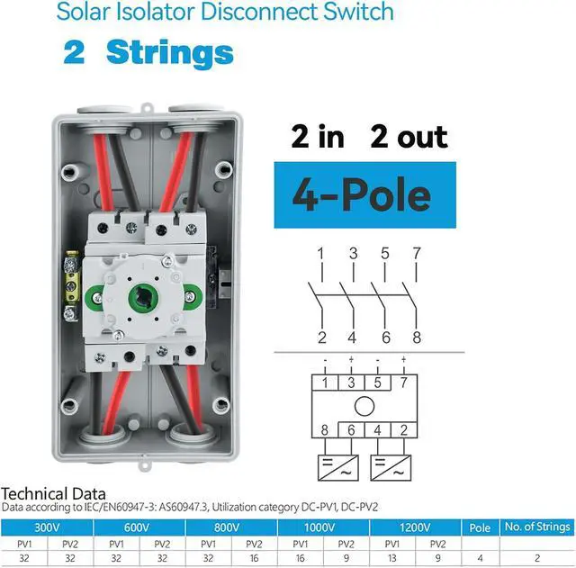 Alt view image 5 of 7 - Solar Disconnect Switch 4-Pole DC 1500V 32A Isolator Solar Switch with Enclosure for Rooftop Solar Systems, RVs Waterproof IP66 Red