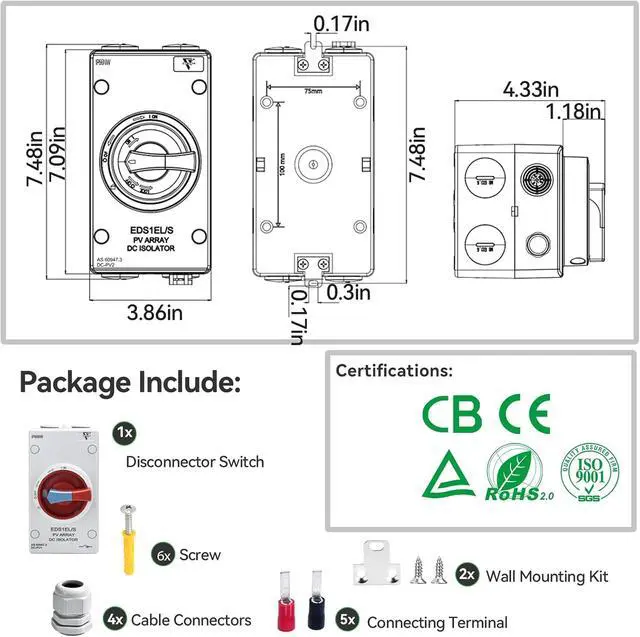 Alt view image 7 of 7 - Solar Disconnect Switch 4-Pole DC 1500V 32A Isolator Solar Switch with Enclosure for Rooftop Solar Systems, RVs Waterproof IP66 Red