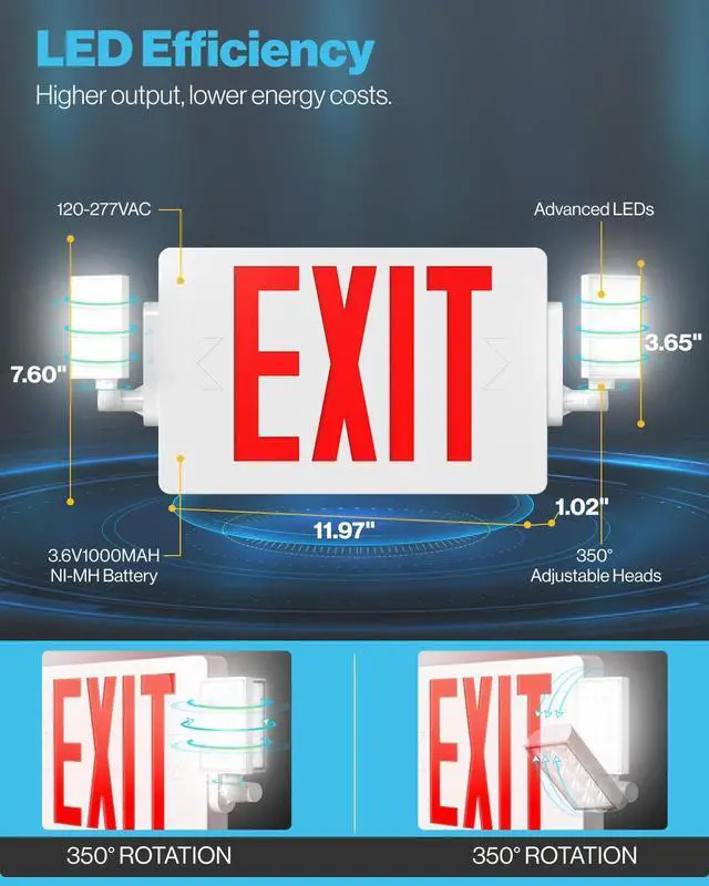 Alt view image 5 of 7 - Sunco 2 Pack Red Exit Signs with LED Emergency Lights & Backup Battery | 120-277V Wall/Ceiling Mount, Two Adjustable LED Lights, Commercial Safety Lighting, 90 Minute Battery, 94V-0 Fire Resistant