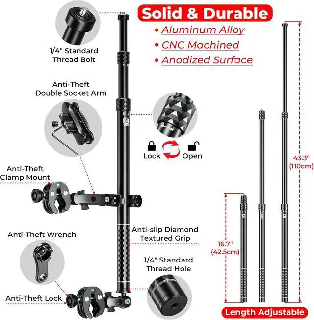 Alt view image 2 of 7 - Aluminum Alloy Motorcycle Camera Mount Kit for GoPro Insta360 | Anti-Theft, 360° Rotation Heavy-Duty Bike Handlebar Clamp Mount with Extendable Selfie Stick for Motorcycle Bike ATV UTV Jeep