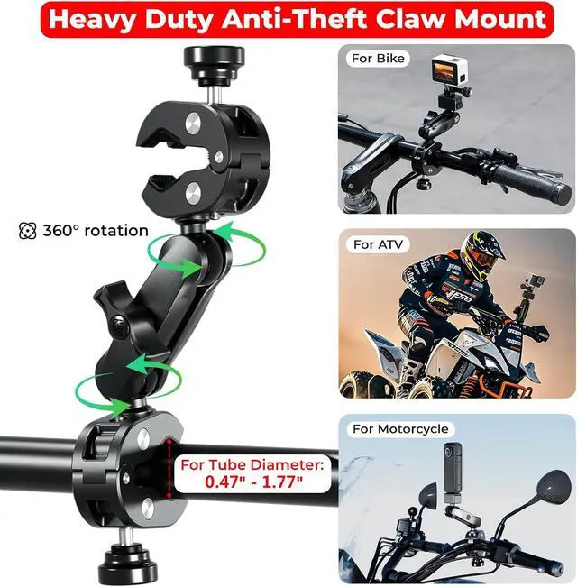 Alt view image 4 of 7 - Aluminum Alloy Motorcycle Camera Mount Kit for GoPro Insta360 | Anti-Theft, 360° Rotation Heavy-Duty Bike Handlebar Clamp Mount with Extendable Selfie Stick for Motorcycle Bike ATV UTV Jeep