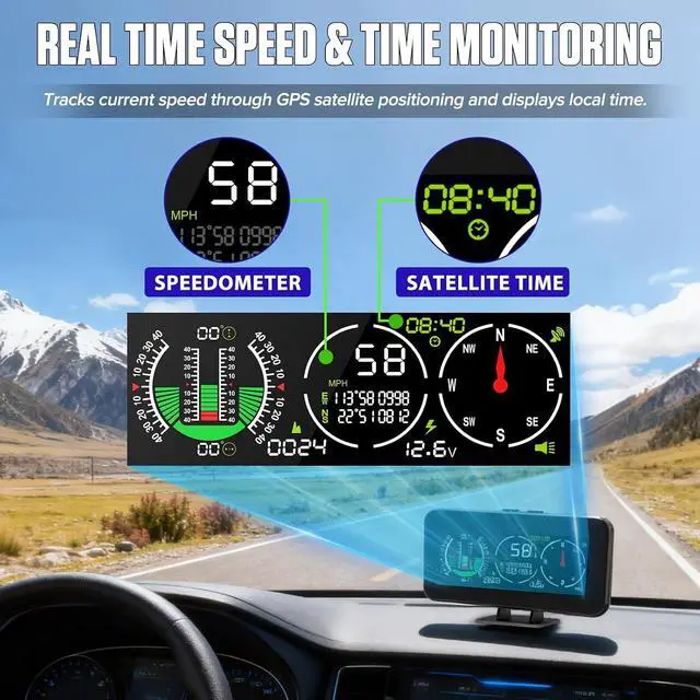 Alt view image 7 of 7 - M60 GPS Speedometer for Car, Inclinometer Digital with Compass | Tilt/Pitch Angle Monitor, Altitude, Satellite Time, Coordinates, 40° Safety Alarm, KMH/MPH switch, Rotatable Mount