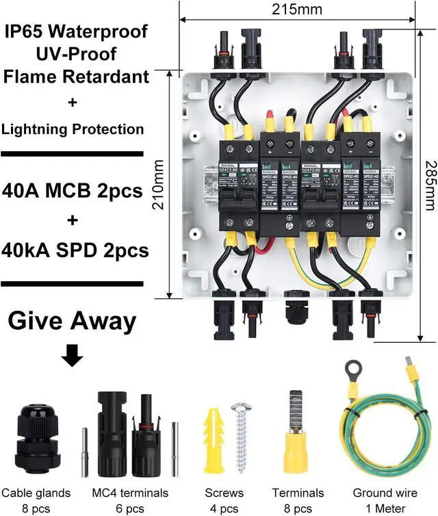 Alt view image 3 of 7 - Solar Disconnect Switch 40Amp DC Circuit Breaker with Surge Protector PV Combiner Box for Solar Panel 2 in 2 Out