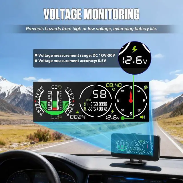 Alt view image 3 of 7 - M60 GPS Speedometer for Car, Inclinometer Digital with Compass | Tilt/Pitch Angle Monitor, Altitude, Satellite Time, Coordinates, 40° Safety Alarm, KMH/MPH switch, Rotatable Mount