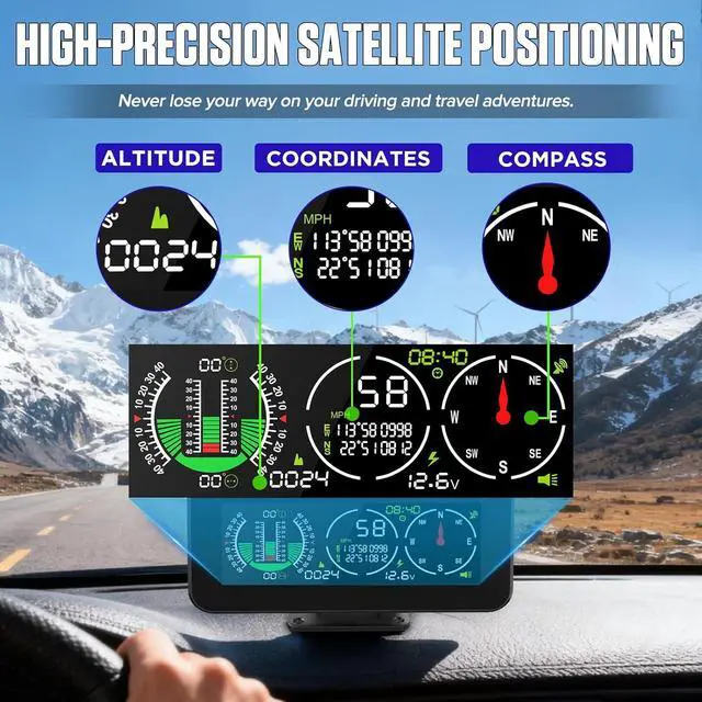 Alt view image 4 of 7 - M60 GPS Speedometer for Car, Inclinometer Digital with Compass | Tilt/Pitch Angle Monitor, Altitude, Satellite Time, Coordinates, 40° Safety Alarm, KMH/MPH switch, Rotatable Mount