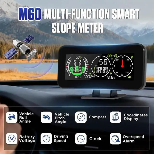 Alt view image 2 of 7 - M60 GPS Speedometer for Car, Inclinometer Digital with Compass | Tilt/Pitch Angle Monitor, Altitude, Satellite Time, Coordinates, 40° Safety Alarm, KMH/MPH switch, Rotatable Mount