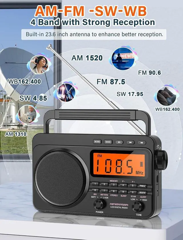 Alt view image 3 of 7 - Digital AM FM Shortwave Radio 4000mAh Rechargeable Battery Black | Portable Radio with Best Reception NOAA Weather Alert, Big Speaker,Stereo Earphone,Support Micro SD Card and USB MP3 Player