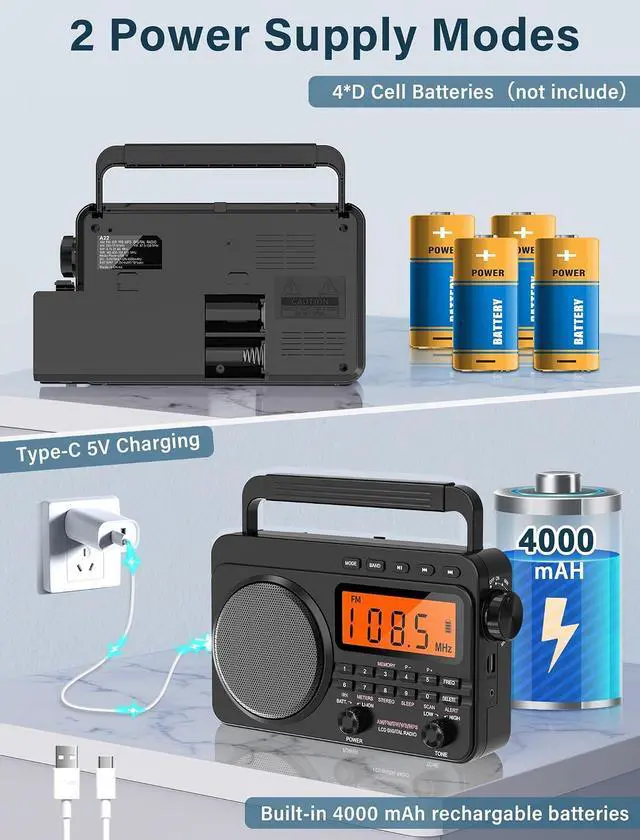 Alt view image 4 of 7 - Digital AM FM Shortwave Radio 4000mAh Rechargeable Battery Black | Portable Radio with Best Reception NOAA Weather Alert, Big Speaker,Stereo Earphone,Support Micro SD Card and USB MP3 Player