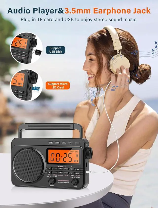 Alt view image 6 of 7 - Digital AM FM Shortwave Radio 4000mAh Rechargeable Battery Black | Portable Radio with Best Reception NOAA Weather Alert, Big Speaker,Stereo Earphone,Support Micro SD Card and USB MP3 Player