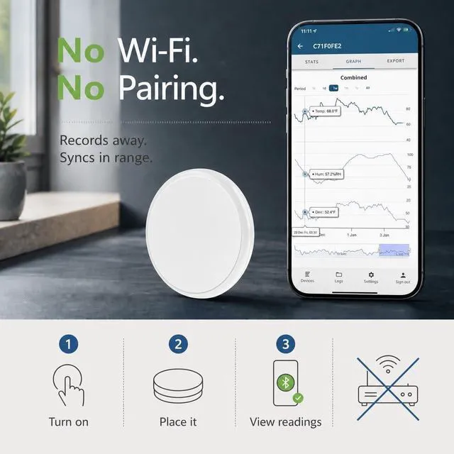 Alt view image 3 of 7 - Blue Maestro Disc Mini 3-in-1 Temperature Humidity Dew Point Sensor Logger | Calculates dew point; ±0.1°C accuracy; Bluetooth-enabled 4.3, 75m range; app w/ data export; USA made; 1-yr battery