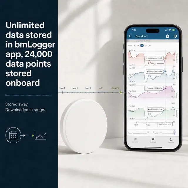 Alt view image 5 of 7 - Blue Maestro Disc Mini 3-in-1 Temperature Humidity Dew Point Sensor Logger | Calculates dew point; ±0.1°C accuracy; Bluetooth-enabled 4.3, 75m range; app w/ data export; USA made; 1-yr battery