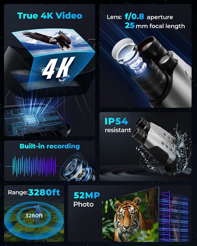 Alt view image 7 of 7 - True 4K Night Vision Binoculars Full-Color Low-Light Infrared Goggles, 7-Layer Coated Lens, 18H Battery for Wildlife, Security & Outdoor Adventure