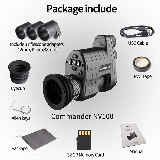 Alt view image 5 of 5 - Oneleaf.ai Commander NV100 Digital Night Vision Goggle, Clip on Night Vision Monocular for Hunting/Observations, 1080P FHD, 328 Yards Clear Nighttime Viewing Range-16mm