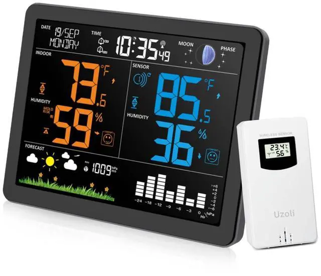 Main image of Uzoli EM3566 7.4" Large Weather Station Wireless Indoor Outdoor Thermometer | Atomic Clock, Indoor Outdoor Temperature Humidity, Weather Forecast, Alarms with Snooze, Easy to Read for Home Use