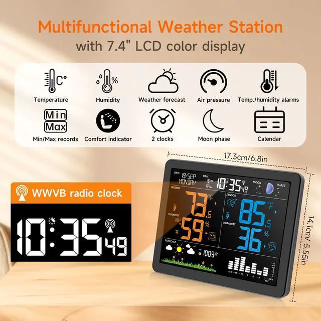 Alt view image 2 of 7 - Uzoli EM3566 7.4" Large Weather Station Wireless Indoor Outdoor Thermometer | Atomic Clock, Indoor Outdoor Temperature Humidity, Weather Forecast, Alarms with Snooze, Easy to Read for Home Use