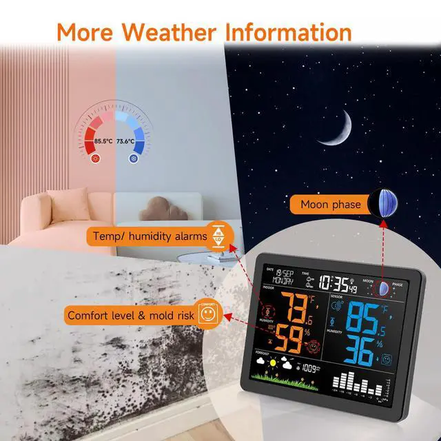 Alt view image 6 of 7 - Uzoli EM3566 7.4" Large Weather Station Wireless Indoor Outdoor Thermometer | Atomic Clock, Indoor Outdoor Temperature Humidity, Weather Forecast, Alarms with Snooze, Easy to Read for Home Use