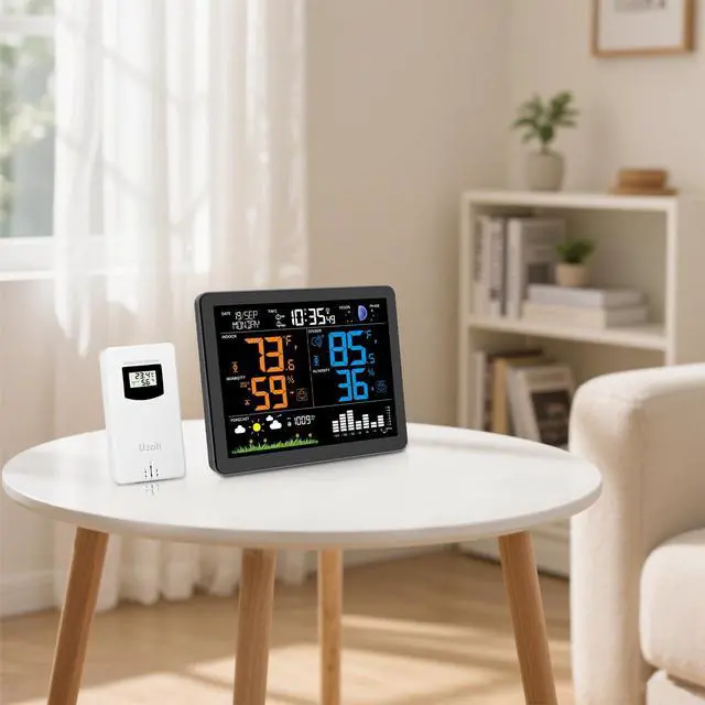 Alt view image 7 of 7 - Uzoli EM3566 7.4" Large Weather Station Wireless Indoor Outdoor Thermometer | Atomic Clock, Indoor Outdoor Temperature Humidity, Weather Forecast, Alarms with Snooze, Easy to Read for Home Use