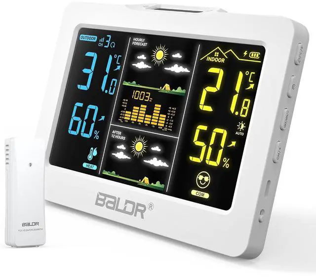 Main image of Wireless Weather Station with Outdoor Sensor, Indoor Outdoor Thermometer Hygrometer, HD Color Display, Smart Backlight, Rechargeable Battery Temperature Humidity Monitor