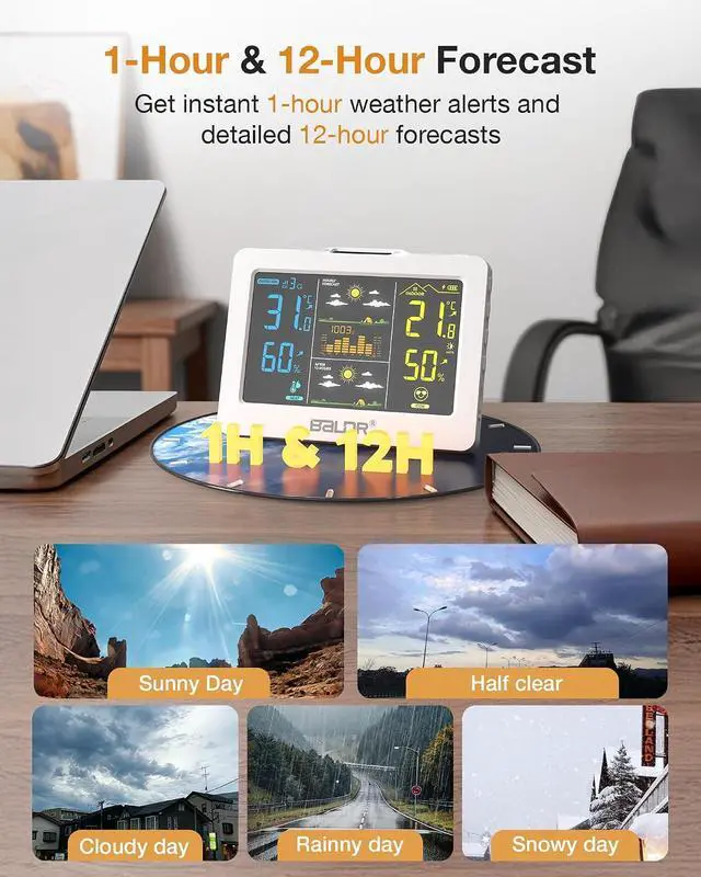 Alt view image 3 of 7 - Wireless Weather Station with Outdoor Sensor, Indoor Outdoor Thermometer Hygrometer, HD Color Display, Smart Backlight, Rechargeable Battery Temperature Humidity Monitor