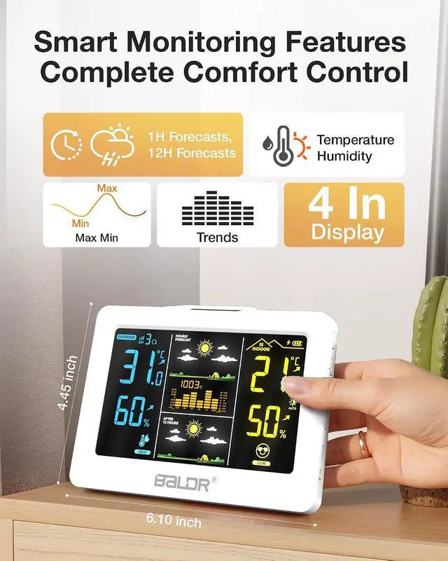 Alt view image 4 of 7 - Wireless Weather Station with Outdoor Sensor, Indoor Outdoor Thermometer Hygrometer, HD Color Display, Smart Backlight, Rechargeable Battery Temperature Humidity Monitor