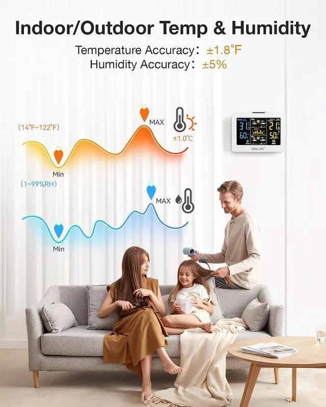 Alt view image 5 of 7 - Wireless Weather Station with Outdoor Sensor, Indoor Outdoor Thermometer Hygrometer, HD Color Display, Smart Backlight, Rechargeable Battery Temperature Humidity Monitor
