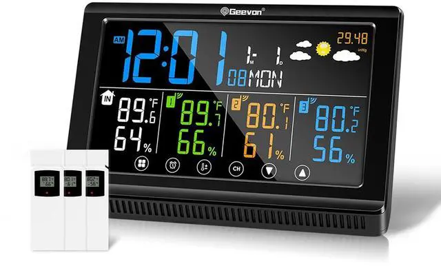 Main image of Weather Station Wireless Indoor Outdoor Thermometer 3 Sensors, Color Display Digital Temperature Humidity Monitor with Barometer, Calendar, USB Charge and Adjustable Backlight