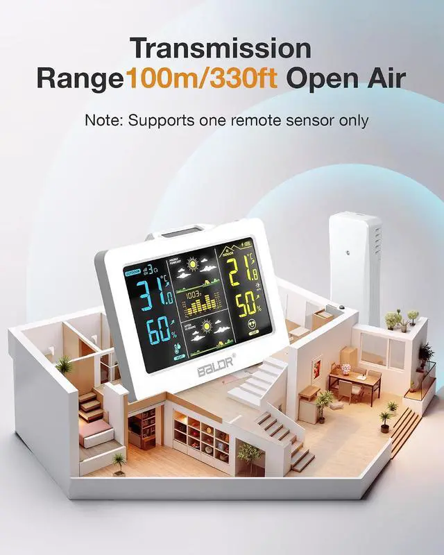 Alt view image 6 of 7 - Wireless Weather Station with Outdoor Sensor, Indoor Outdoor Thermometer Hygrometer, HD Color Display, Smart Backlight, Rechargeable Battery Temperature Humidity Monitor