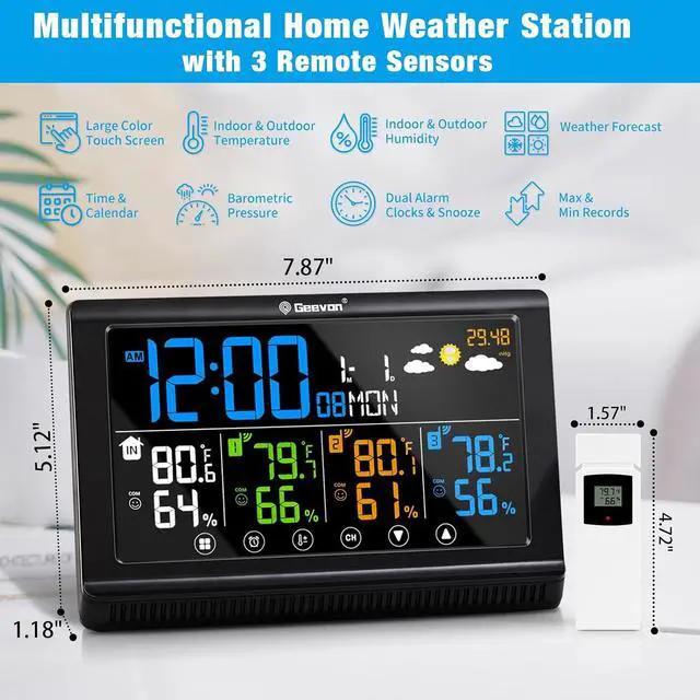 Alt view image 2 of 7 - Weather Station Wireless Indoor Outdoor Thermometer 3 Sensors, Color Display Digital Temperature Humidity Monitor with Barometer, Calendar, USB Charge and Adjustable Backlight