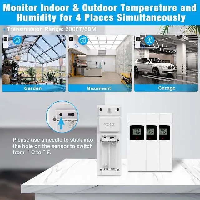 Alt view image 4 of 7 - Weather Station Wireless Indoor Outdoor Thermometer 3 Sensors, Color Display Digital Temperature Humidity Monitor with Barometer, Calendar, USB Charge and Adjustable Backlight