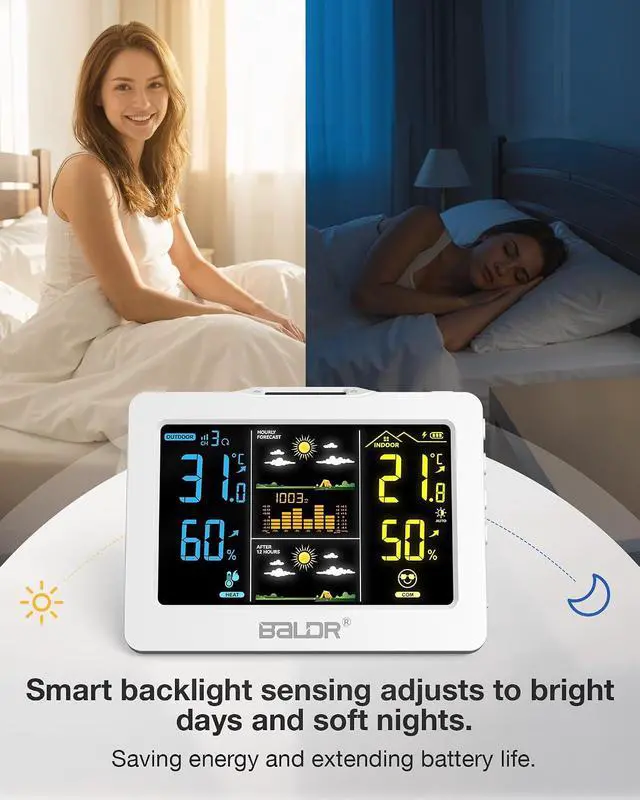 Alt view image 7 of 7 - Wireless Weather Station with Outdoor Sensor, Indoor Outdoor Thermometer Hygrometer, HD Color Display, Smart Backlight, Rechargeable Battery Temperature Humidity Monitor