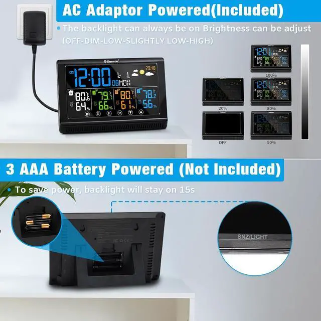 Alt view image 5 of 7 - Weather Station Wireless Indoor Outdoor Thermometer 3 Sensors, Color Display Digital Temperature Humidity Monitor with Barometer, Calendar, USB Charge and Adjustable Backlight