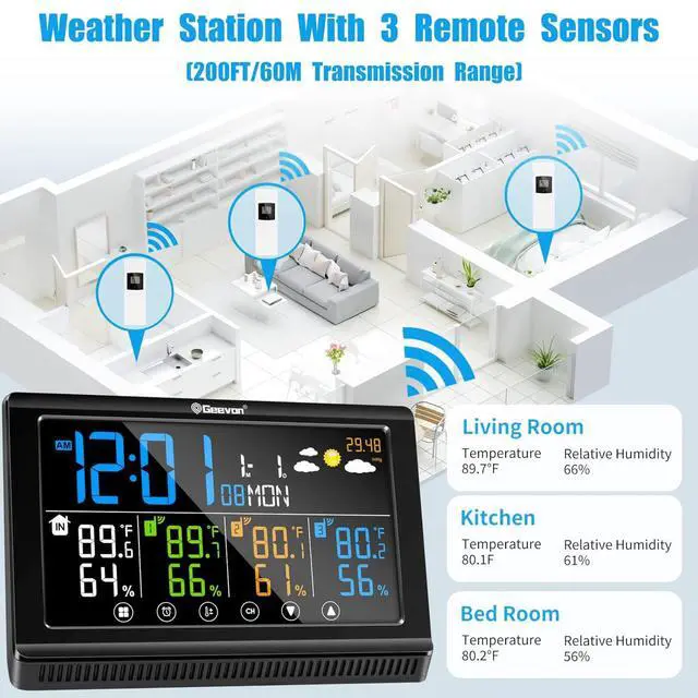 Alt view image 6 of 7 - Weather Station Wireless Indoor Outdoor Thermometer 3 Sensors, Color Display Digital Temperature Humidity Monitor with Barometer, Calendar, USB Charge and Adjustable Backlight