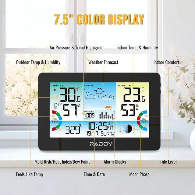 Alt view image 2 of 7 - HW75 Wireless Weather Station, 7.5 Inch Color Display | Indoor outdoor temp & humidity, barometric pressure, atomic clock, heat index, tide
