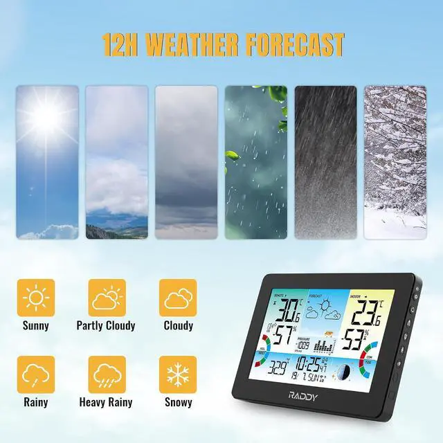 Alt view image 3 of 7 - HW75 Wireless Weather Station, 7.5 Inch Color Display | Indoor outdoor temp & humidity, barometric pressure, atomic clock, heat index, tide