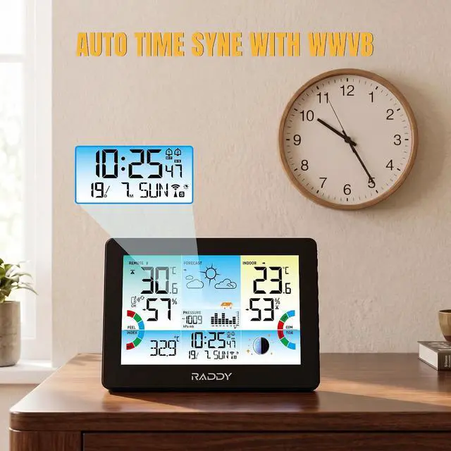 Alt view image 4 of 7 - HW75 Wireless Weather Station, 7.5 Inch Color Display | Indoor outdoor temp & humidity, barometric pressure, atomic clock, heat index, tide