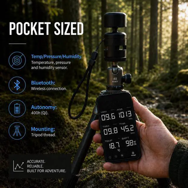 Alt view image 2 of 7 - WeatherDot Portable Weather Station Sensor | Bluetooth Temperature, Humidity & Pressure, Qi Wireless Charging, Free Anemotracker App, 400h Battery