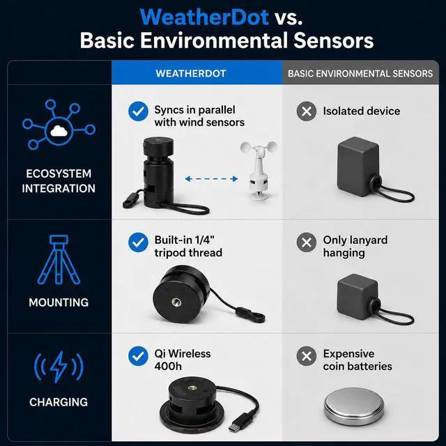 Alt view image 7 of 7 - WeatherDot Portable Weather Station Sensor | Bluetooth Temperature, Humidity & Pressure, Qi Wireless Charging, Free Anemotracker App, 400h Battery