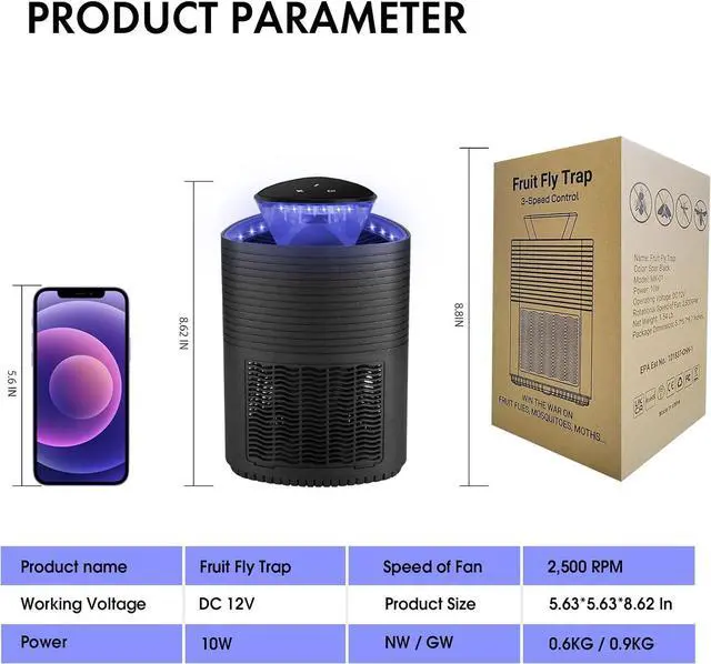 Alt view image 7 of 7 - Fruit Fly Traps for Indoors, Mosquito Trap with Upgraded Dual Core Fan & Double Circles of Blue Light for Mosquitoes Flies, 3 Speed Adjustable Fruit Fly Trap for Indoor Kitchen Home