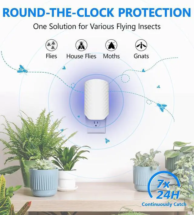 Alt view image 2 of 7 - WOWCATCH Flying Insect Trap for Indoors, Plug-in Bug Catcher, 2+10 Combo | Upgraded Blue UV Light Trap with Sticky Cards, Silent & Mess-Free, Fly Trap Indoors for Gnats, Fruit Flies & House Flies