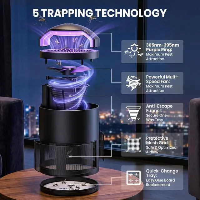 Alt view image 2 of 7 - Fruit Fly Traps for Indoors, Flying Insect Trap, Gnats & Mosquito Killer | Purple Light Lure, 3-Speed Fan Suction, with Sticky Paper, Quiet & Odorless Electrict Fly Catcher for Home, Kitchen, Plants