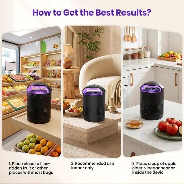 Alt view image 4 of 7 - Fruit Fly Traps for Indoors, Flying Insect Trap, Gnats & Mosquito Killer | Purple Light Lure, 3-Speed Fan Suction, with Sticky Paper, Quiet & Odorless Electrict Fly Catcher for Home, Kitchen, Plants