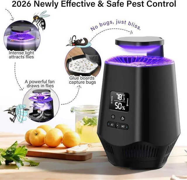 Alt view image 2 of 7 - Fruit Fly Traps for Indoors, Smart Fly Trap Indoor Bug Zapper Gnat Traps for House Indoor with Temperature and Humidity Sensor, 10PCS Sticky Boards Black 001