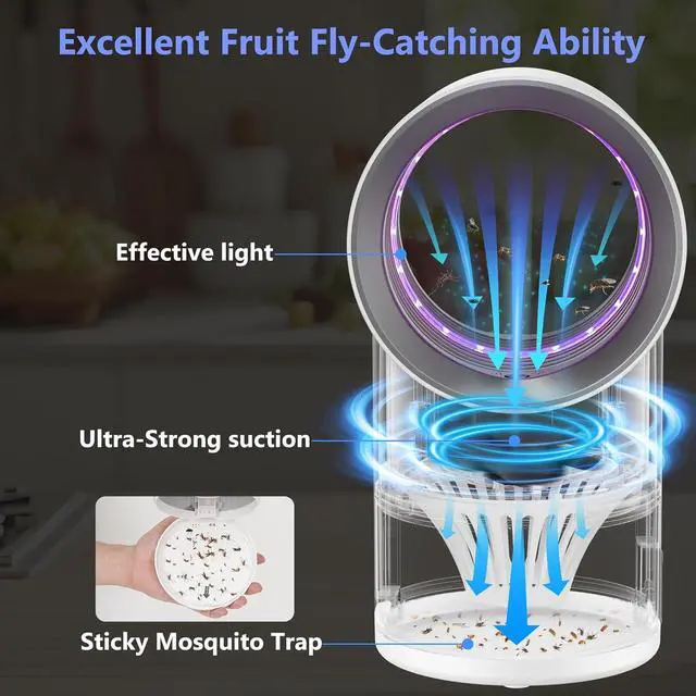 Alt view image 2 of 7 - Fruit Fly Traps for Indoors, White Gnat Trap Indoor with Suction & Timer | Uv Light Lures Fruit Flies/Gnats, Timer 6/12hrs, Plug in Fly Trap with Suction, Kid & Pet Applicable, Low Noise, 10 refills